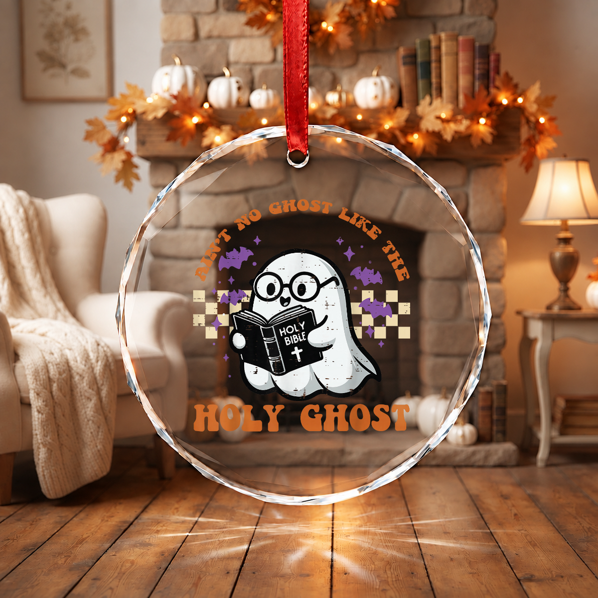 Christian Halloween Ghost Ornament with Faith Inspired Design Glass Ornament - Material: Circle Glass Ornament