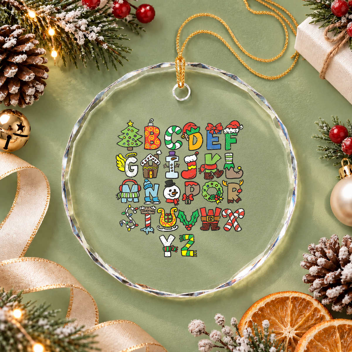 Christmas Alphabet Tree Santa Snowman Gingerbread Glass Ornament - Material: Circle Glass Ornament