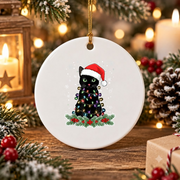 Christmas Black Cat Santa Hat Glass Ornament - Material: Circle Ceramic Ornament