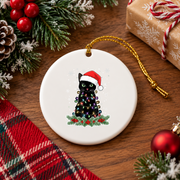 Christmas Black Cat Santa Hat Glass Ornament - Material: Circle Ceramic Ornament