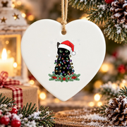 Christmas Black Cat Santa Hat Glass Ornament - Material: Heart Ceramic Ornament