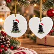 Christmas Black Cat Santa Hat Glass Ornament - Material: Heart Ceramic Ornament