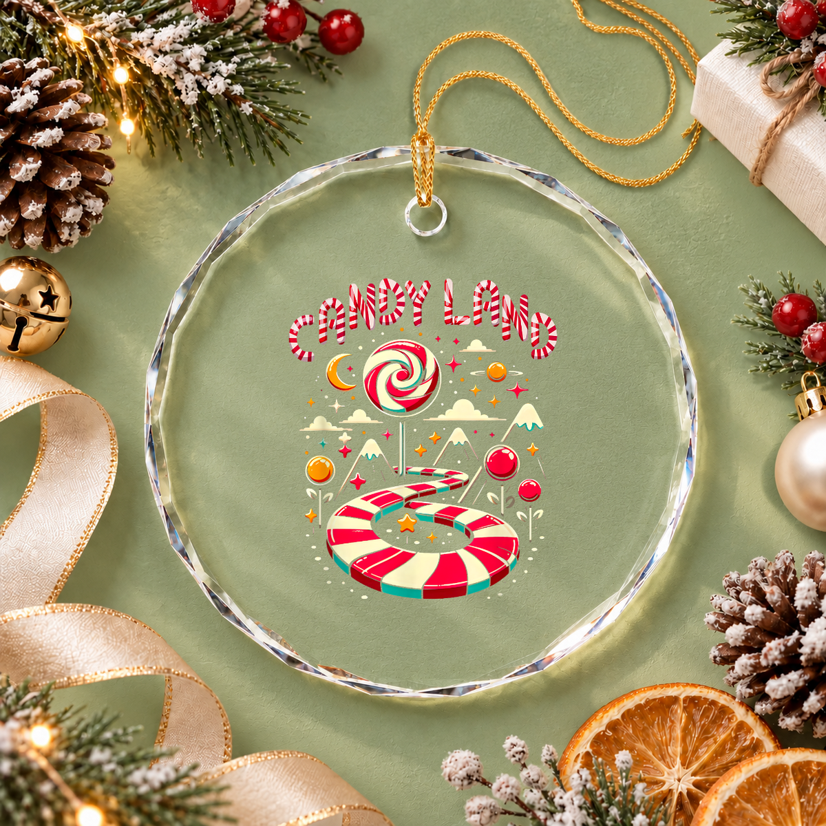 Christmas Candy Land Rainbow Candy Cane Glass Ornament - Material: Circle Glass Ornament