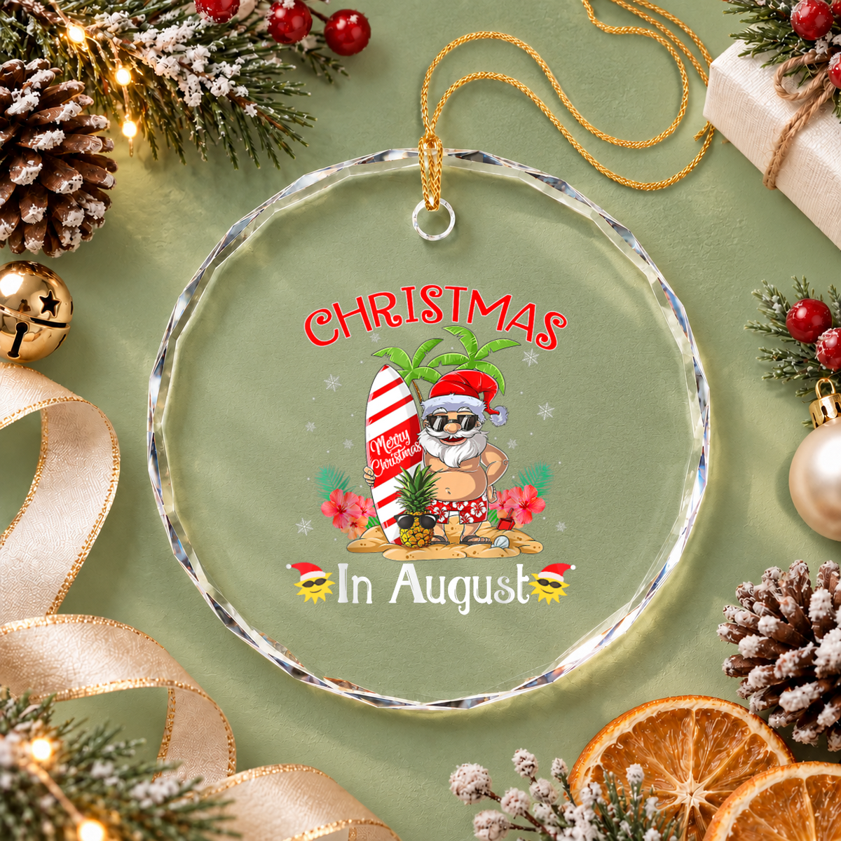 Christmas In August Santa Beach Vacation Glass Ornament - Material: Circle Glass Ornament