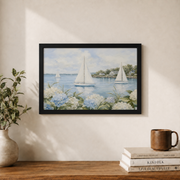 Coastal Sailboat Hydrangea Wall Art Grandmillennial Beach House Poster Coastal Grandmother Decor Unframed - Format: Black Framed Poster