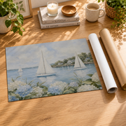Coastal Sailboat Hydrangea Wall Art Grandmillennial Beach House Poster Coastal Grandmother Decor Unframed - Format: Rolled Canvas