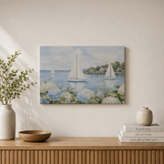 Coastal Sailboat Hydrangea Wall Art Grandmillennial Beach House Poster Coastal Grandmother Decor Unframed - Format: Stretched Canvas