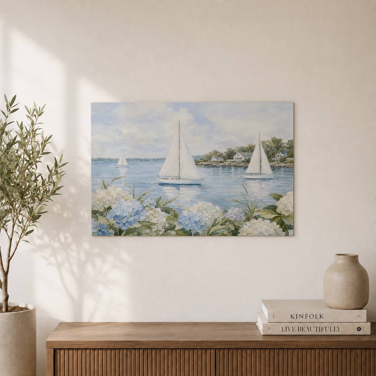 Coastal Sailboat Hydrangea Wall Art Grandmillennial Beach House Poster Coastal Grandmother Decor Unframed - Format: Unframed Paper Poster