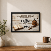 Coffee And Jesus Christian Wall Art, Rustic Farmhouse Kitchen Faith Poster - Format: Black Framed Poster