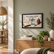 Coffee And Jesus Christian Wall Art, Rustic Farmhouse Kitchen Faith Poster - Format: Black Framed Poster