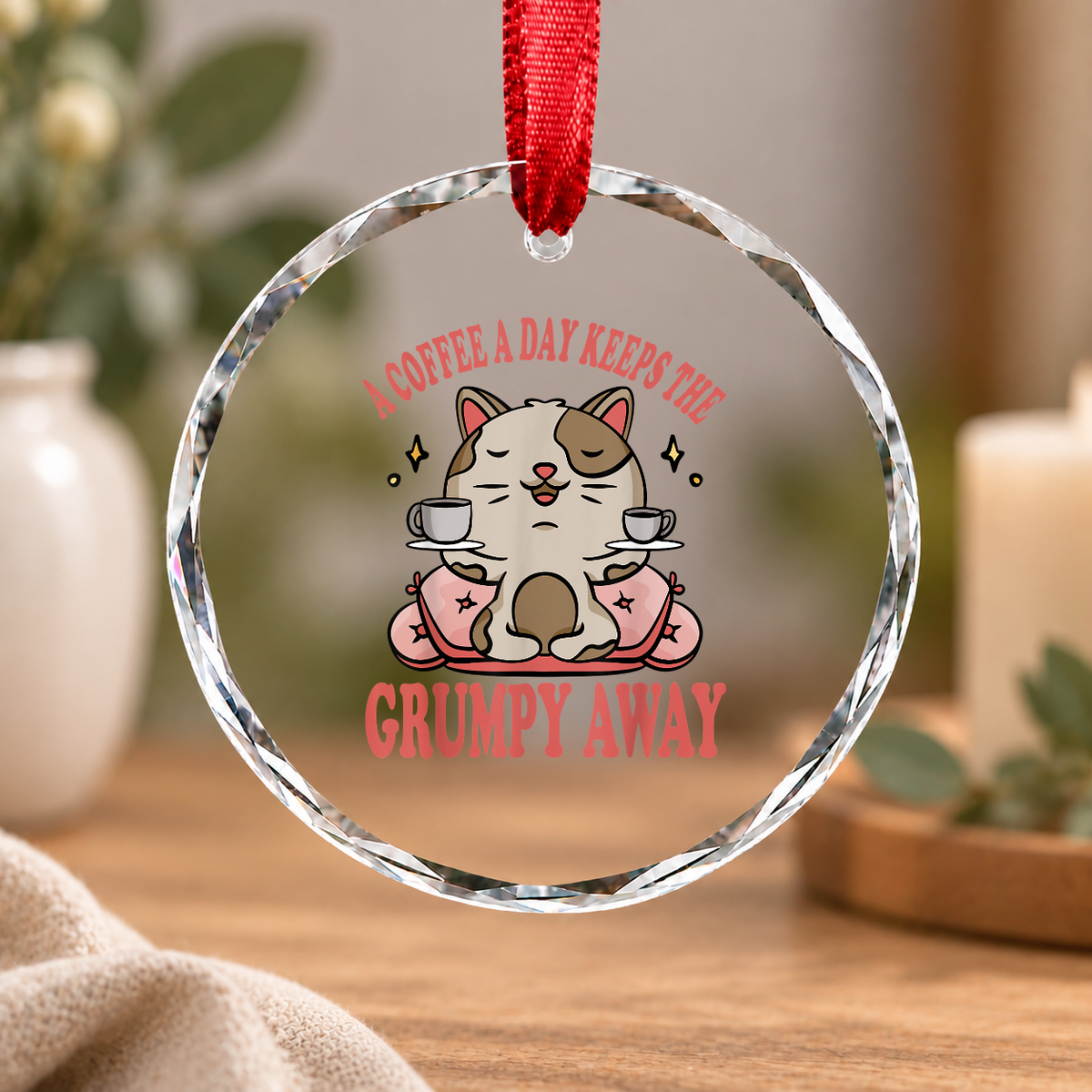 Coffee Cat Lover Funny Morning Coffee Theme Glass Ornament - Material: Circle Glass Ornament