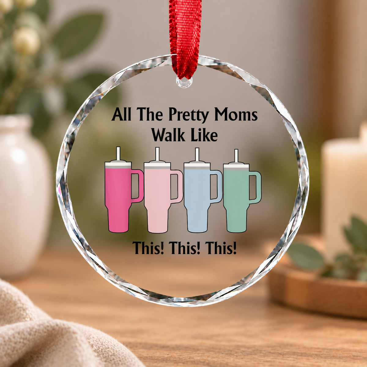 Coffee Lover Pretty Mom Walk Style Tumbler Drinks Coffee Theme Glass Ornament - Material: Circle Glass Ornament