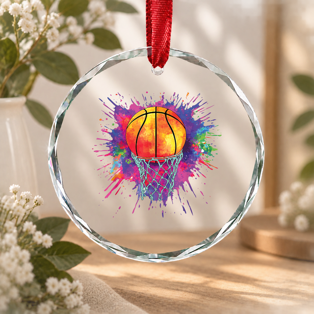 Colorful Basketball Drip Graphic Sports Gift Glass Ornament - Material: Circle Glass Ornament
