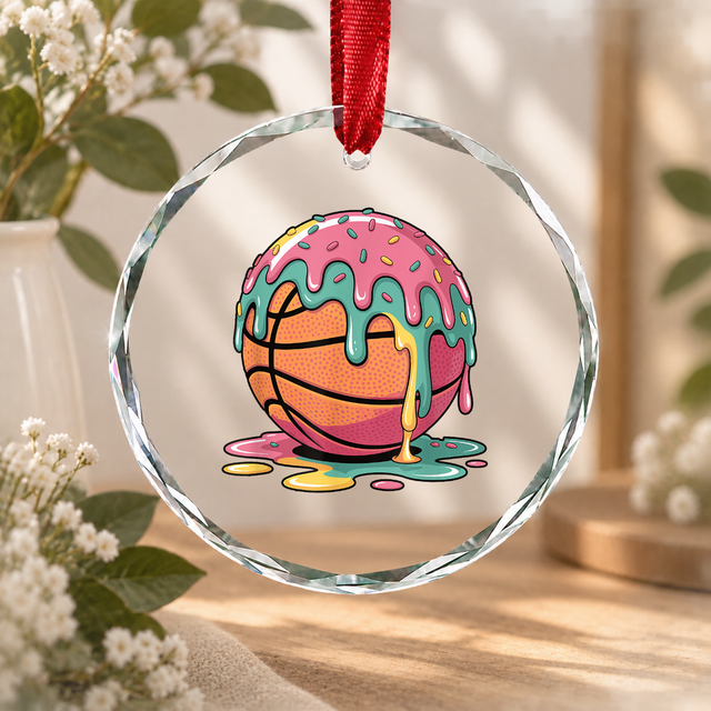 Colorful Basketball Ice Cream Drip Glass Ornament - Material: Circle Glass Ornament