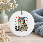 Colorful Polka Dot Tabby Cat Glass Ornament - Material: Circle Ceramic Ornament