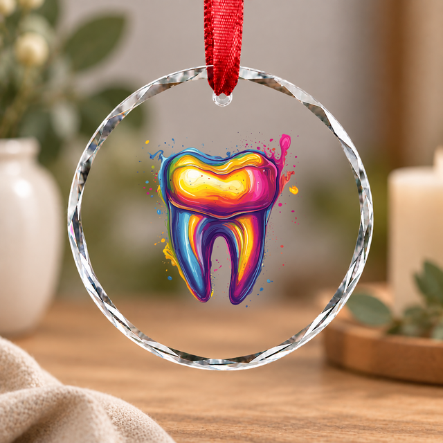 Colorful Rainbow Tooth Dentist Hygienist Gift Decoration Glass Ornament - Material: Circle Glass Ornament