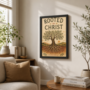 Colossians 2:7 Rooted In Christ Christian Wall Art, Olive Tree Scripture Poster - Format: Black Framed Poster