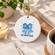 Coquette Bow Blue Ribbon Awareness Inspired Gift Decoration Glass Ornament - Material: Circle Ceramic Ornament