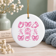 Coquette Bow Cheer Football Pink Ribbon Girl Gift Glass Ornament - Material: Circle Ceramic Ornament