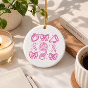 Coquette Bow Cheer Football Pink Ribbon Girl Gift Glass Ornament - Material: Circle Ceramic Ornament