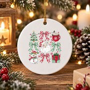 Coquette Bow Christmas Family Glass Ornament - Material: Circle Ceramic Ornament