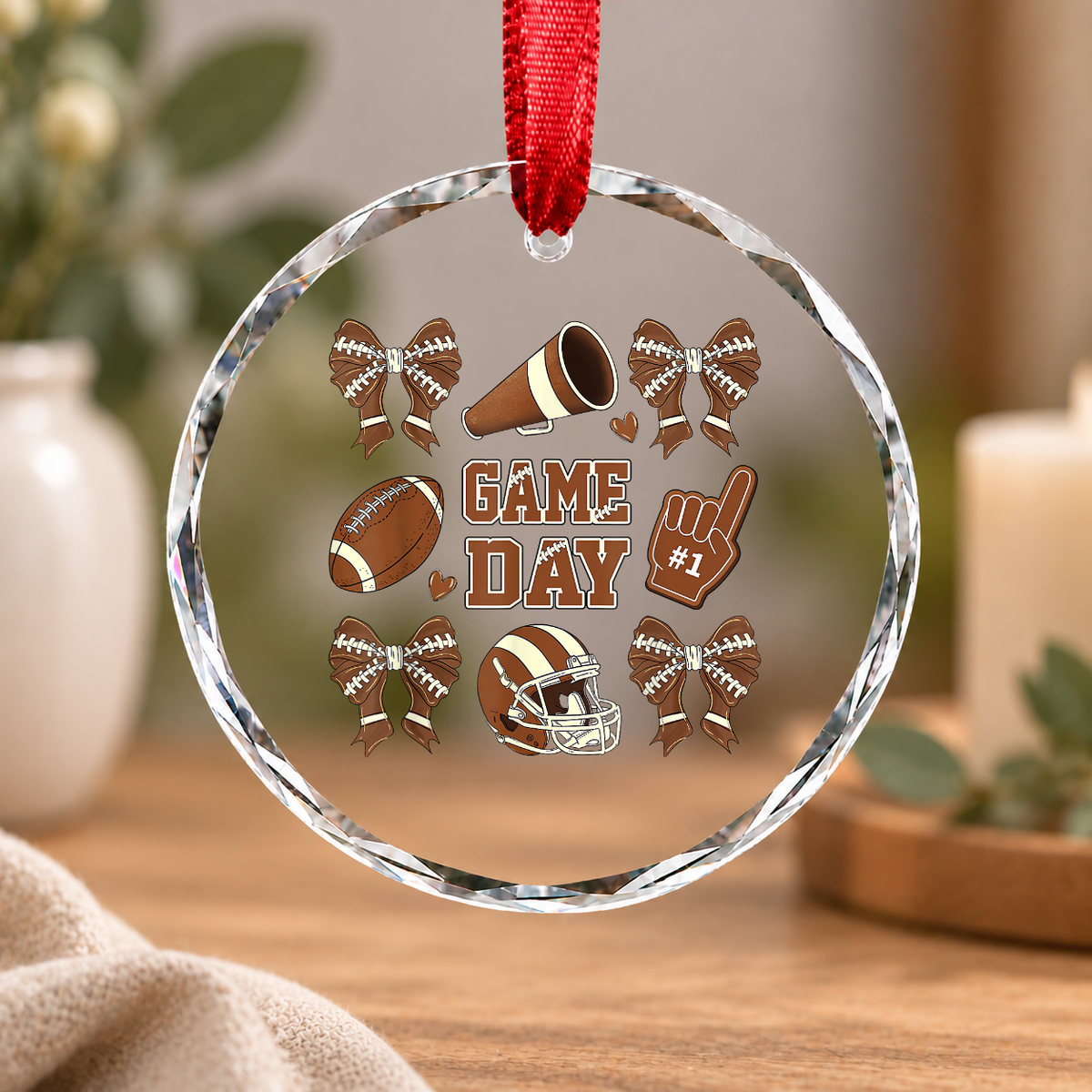 Coquette Bow Football Lover Game Day Gift For Fans Glass Ornament - Material: Circle Glass Ornament
