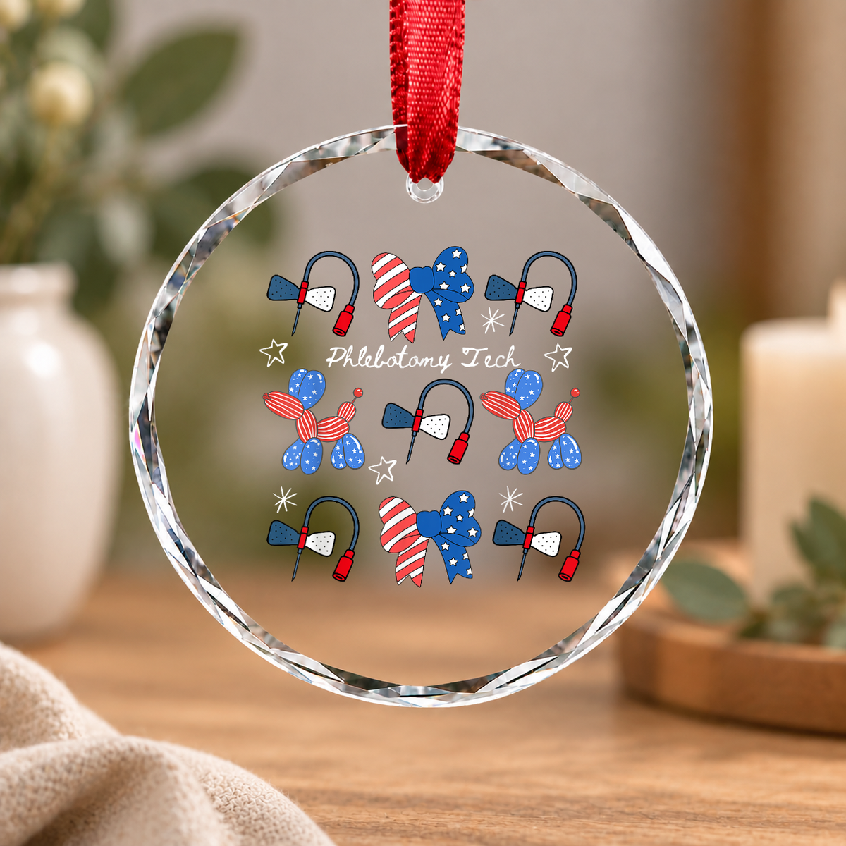 Coquette Bow Phlebotomy Tech Gift Healthcare Worker Decoration Glass Ornament - Material: Circle Glass Ornament