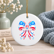 Coquette Bow Red White Blue Ribbon Holiday Decoration Glass Ornament - Material: Circle Ceramic Ornament