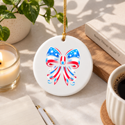 Coquette Bow Red White Blue Ribbon Holiday Decoration Glass Ornament - Material: Circle Ceramic Ornament