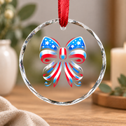 Coquette Bow Red White Blue Ribbon Holiday Decoration Glass Ornament - Material: Circle Glass Ornament