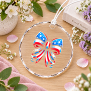 Coquette Bow Red White Blue Ribbon Holiday Decoration Glass Ornament - Material: Circle Glass Ornament