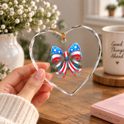 Coquette Bow Red White Blue Ribbon Holiday Decoration Glass Ornament - Material: Heart Glass Ornament