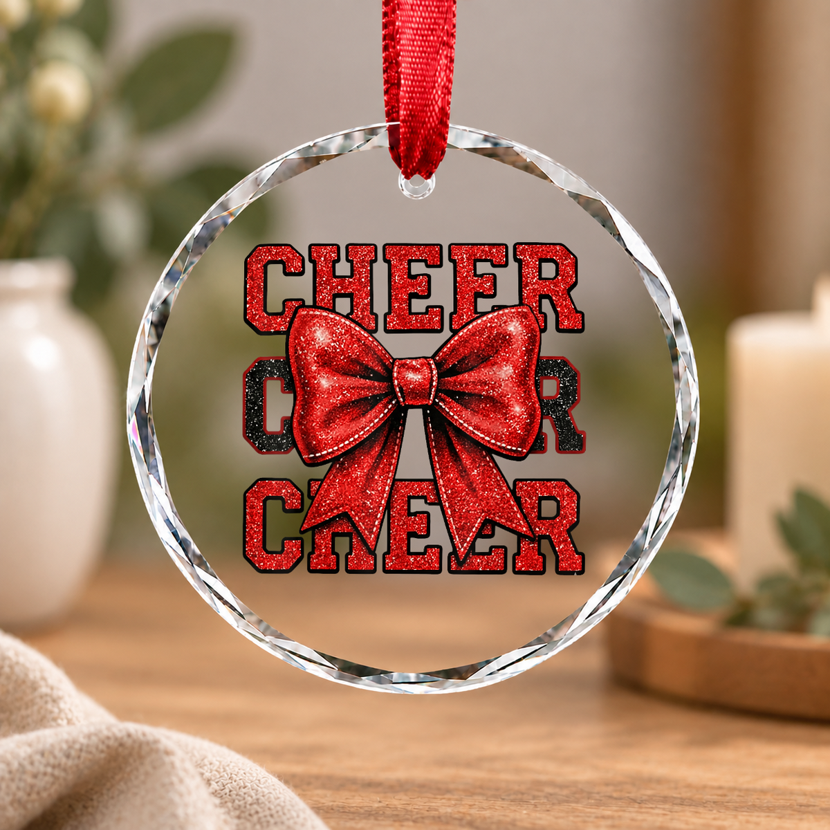 Coquette Cheer Bow Team Cheerleader Gift Sports Decoration Glass Ornament - Material: Circle Glass Ornament