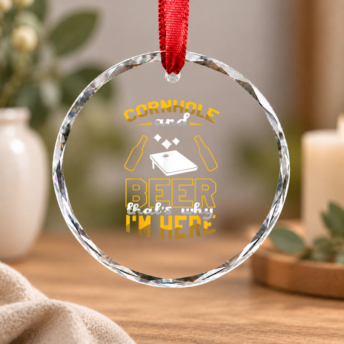 Cornhole And Beer Game Lover Glass Ornament - Material: Circle Glass Ornament
