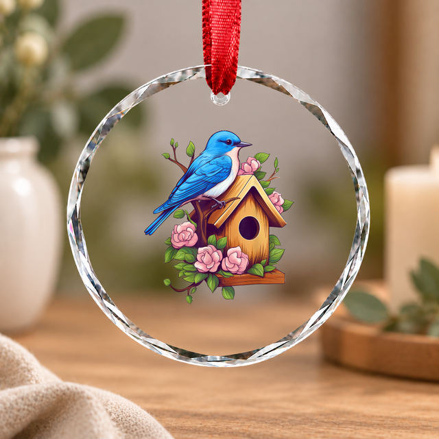 Cottagecore Bluebird Birdhouse Floral Glass Ornament - Material: Circle Glass Ornament