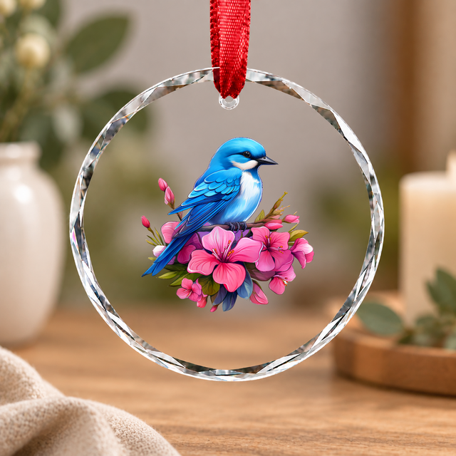 Cottagecore Bluebird Orchid Flower Glass Ornament - Material: Circle Glass Ornament