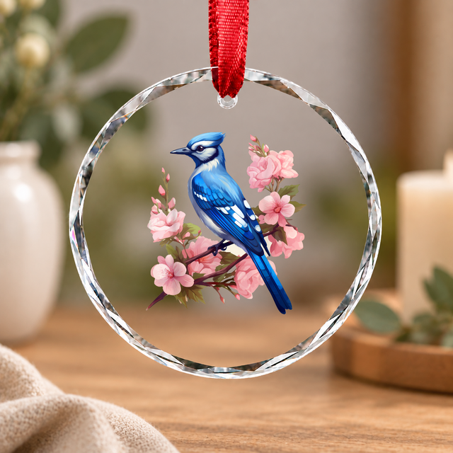 Cottagecore Floral Blue Jay Bird Glass Ornament - Material: Circle Glass Ornament