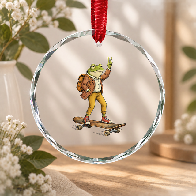 Cottagecore Frog Skateboard Funny Adventure Glass Ornament - Material: Circle Glass Ornament