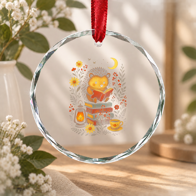 Cottagecore Hedgehog Book Lover Reading Glass Ornament - Material: Circle Glass Ornament