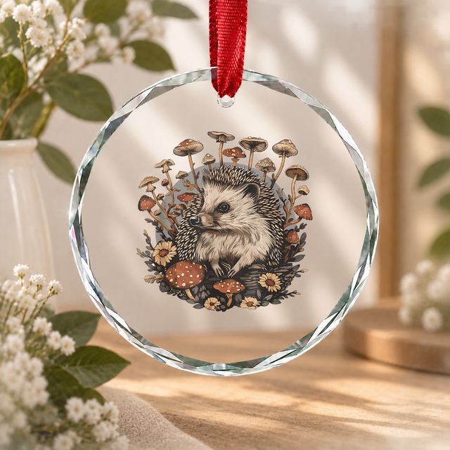 Cottagecore Hedgehog Nature Inspired Aesthetic Glass Ornament - Material: Circle Glass Ornament