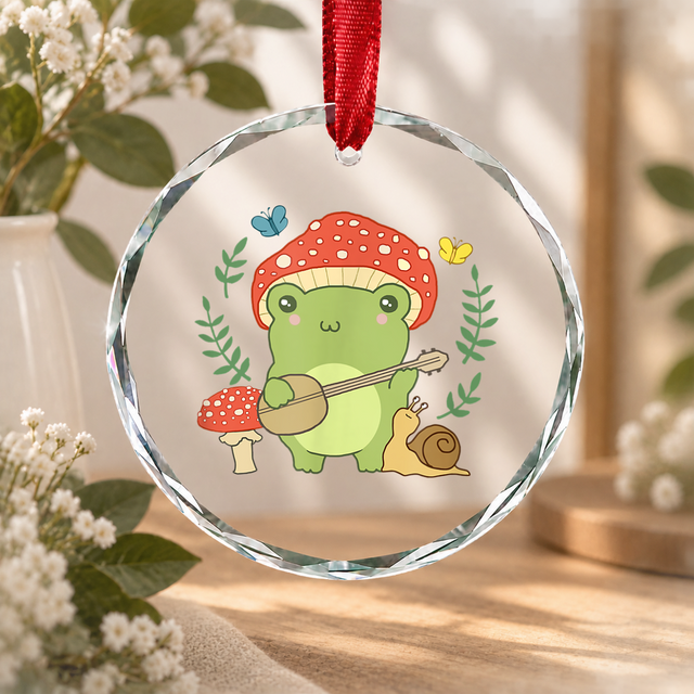 Cottagecore Kawaii Frog Banjo Mushroom Aesthetic Glass Ornament - Material: Circle Glass Ornament