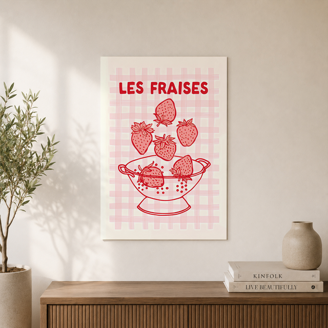 Cottagecore Strawberry Wall Art Pink Gingham Poster Vintage Kitchen Coquette Fruit Decor UNFRAMED - Format: Unframed Paper Poster