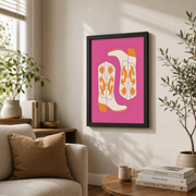 Cowgirl Boots Wall Art Pink Orange Western Poster Retro Trendy Maximalist Dorm Room Decor - Format: Black Framed Poster
