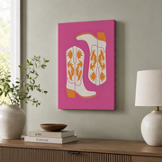 Cowgirl Boots Wall Art Pink Orange Western Poster Retro Trendy Maximalist Dorm Room Decor - Format: Stretched Canvas