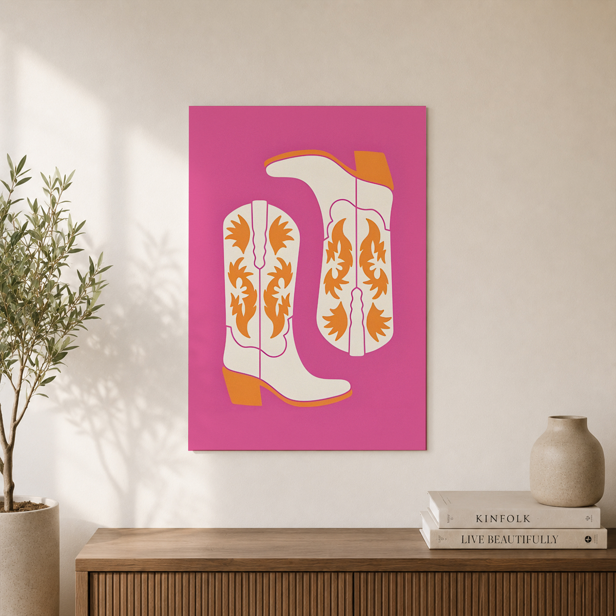 Cowgirl Boots Wall Art Pink Orange Western Poster Retro Trendy Maximalist Dorm Room Decor - Format: Unframed Paper Poster