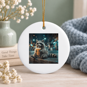 Cute Animal Drinking Iced Coffee Graphic Glass Ornament - Material: Circle Ceramic Ornament