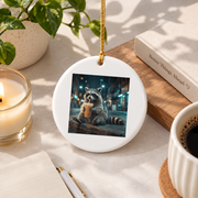 Cute Animal Drinking Iced Coffee Graphic Glass Ornament - Material: Circle Ceramic Ornament