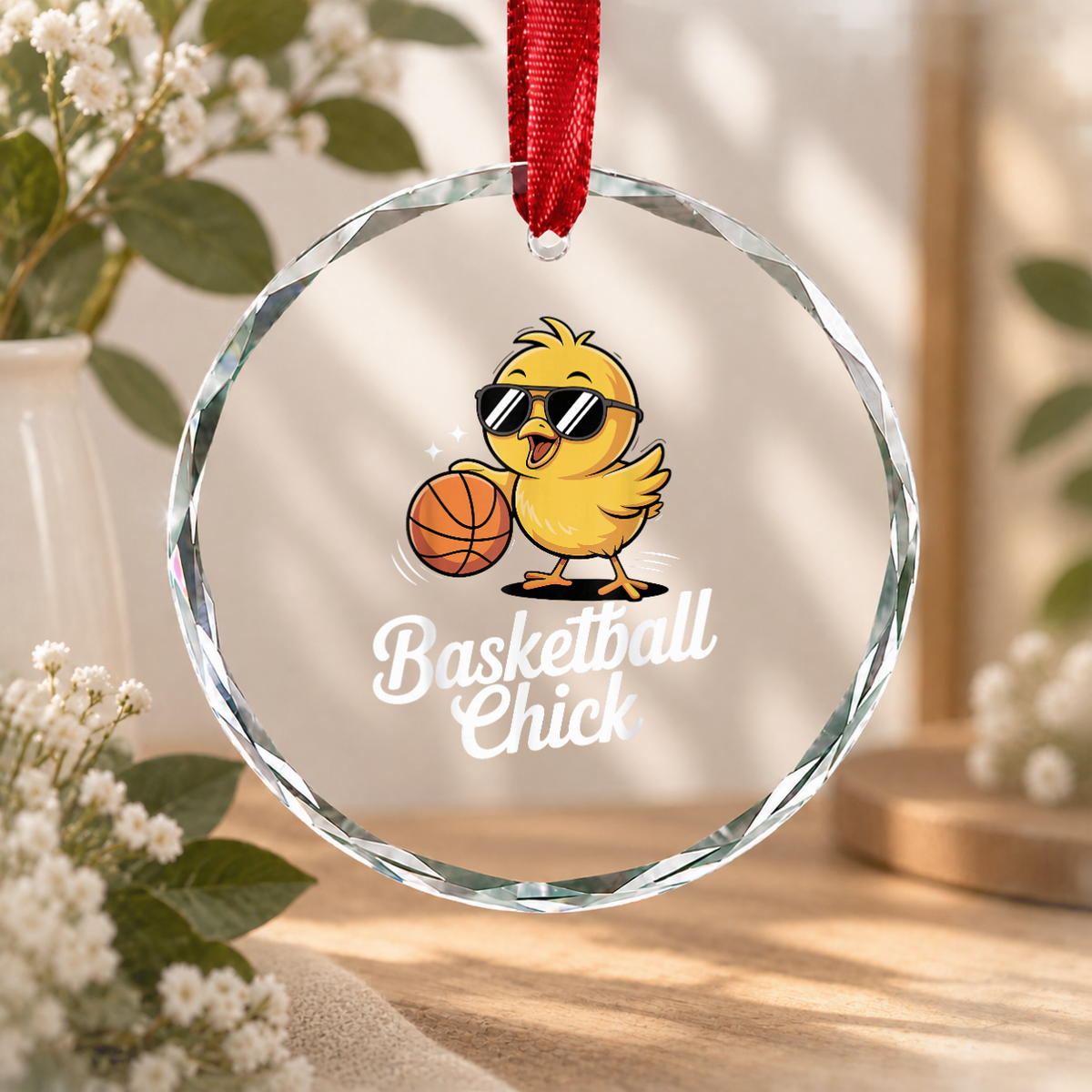 Cute Basketball Chick Sports Lover Glass Ornament - Material: Circle Glass Ornament
