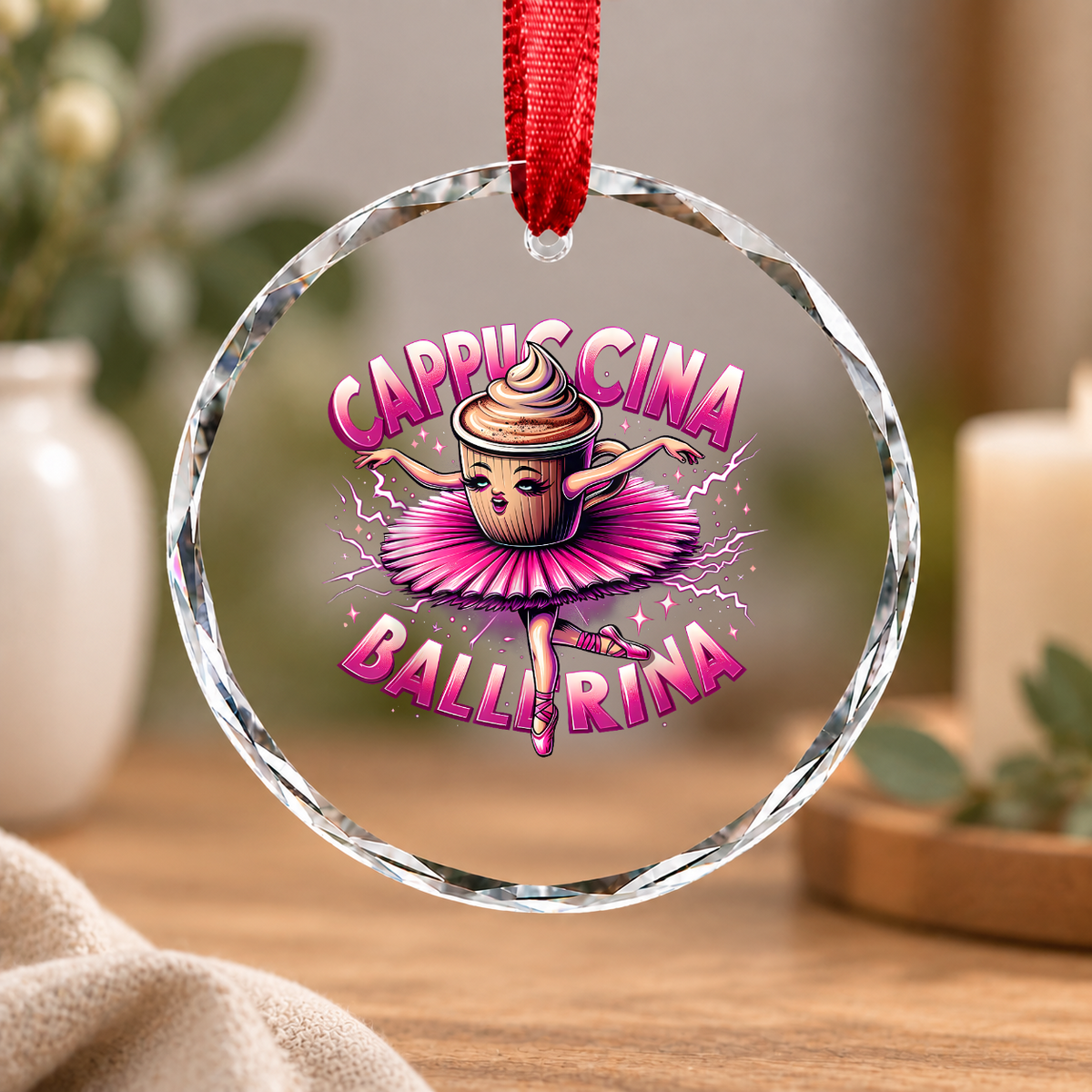 Cute Cappuccino Ballerina Coffee Dance Theme Glass Ornament - Material: Circle Glass Ornament