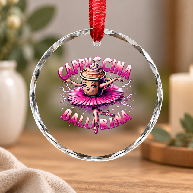 Cute Cappuccino Ballerina Coffee Dance Theme Glass Ornament - Material: Circle Glass Ornament